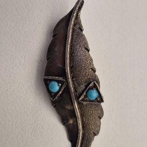 Silver Feather Brooch with Turquoise Accents 1.75"